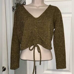 Brown / Olive Green Knit V-Neck Sweater Crop Top Lace Up Ruching w Sparkle